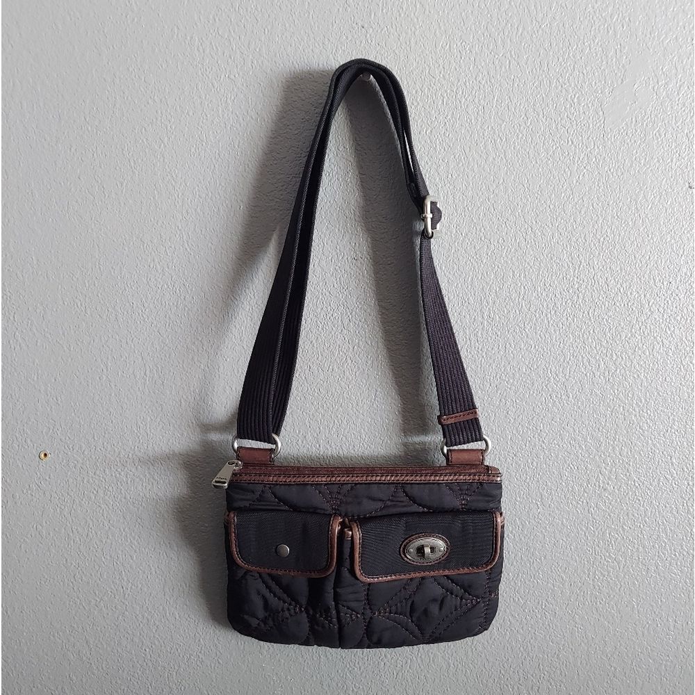 Fossil Key Per Black Quilted Crossbody Shoulder Bag Purse Brown Leather Trim